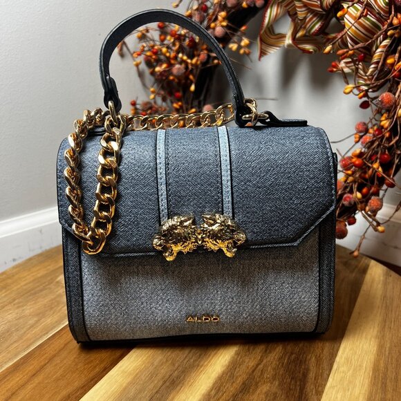 Aldo Womens Small Crossbody Bag Gold Chain Strap w/ Lion Head Clasp Denim Blue - Picture 1 of 12